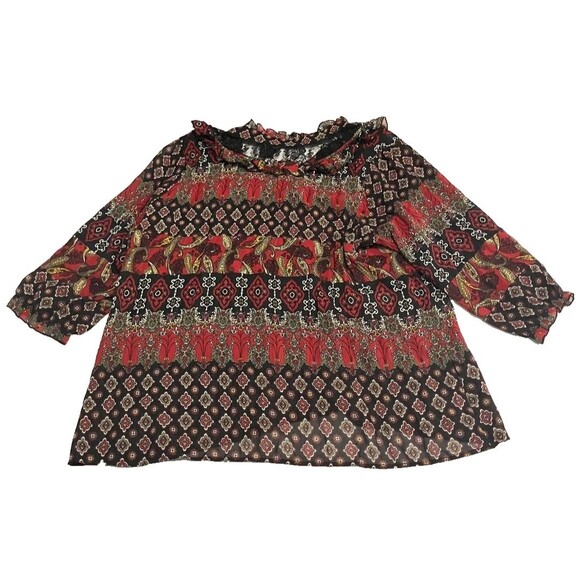 New Directions Women's 3X Spanish Goth Floral Boho Peasant Top Red Black Lace - Picture 3 of 8